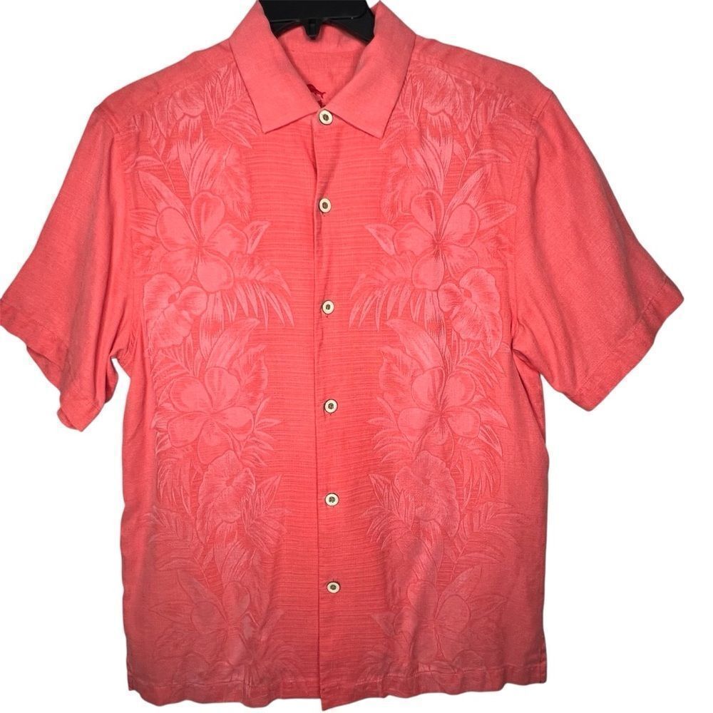 Tommy Bahama Kamari Border Camp Coral Orange Silk Men's Short Sleeve Shirt Sz M